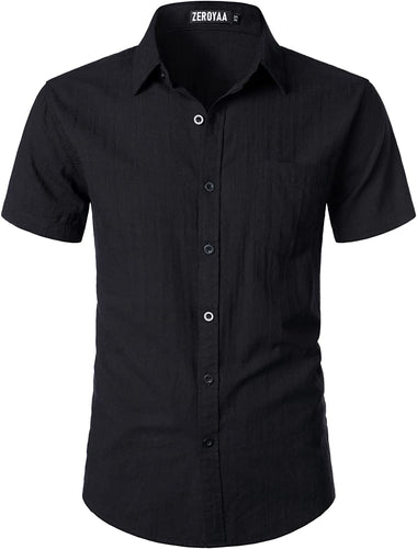 Men's Black Linen Button Up Short Sleeve Shirt