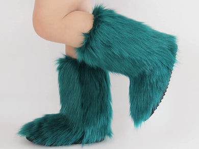 Beautiful Green Furry Fluffy Mid-Calf Snow Warm Boots