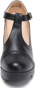 Square Toe Black Leather Classic T-Strap Dress Pump Shoes