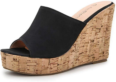 Soft Black Cork Style Platform Wedge Sandals