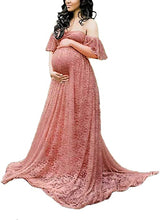 Load image into Gallery viewer, Sweetheart Wine Red Lace Off Shoulder Maternity Maxi Dress