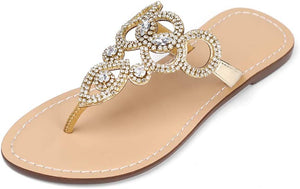 Beaded Design Gold Rhinestone T-Strap Summer Elegant Sandal