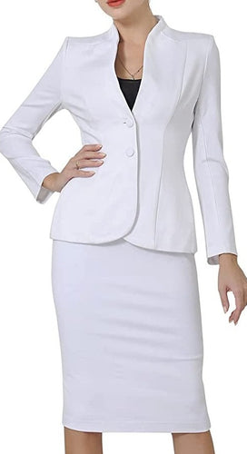 Modern White Deep V-Neck 2 Pc Skirt and Suit Jacket Set