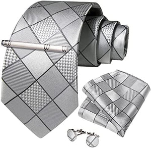 Men's High Quality Jacquard Silk Pink Diamond Cufflink Tie Clip Set