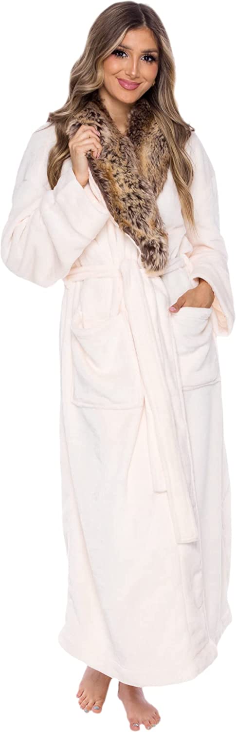 Luxury Cream Faux Fur Shawl Collar Long Women's Robe