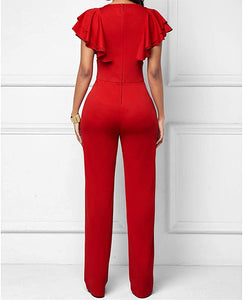 In Style Red Bodycon Short Ruffle Sleeve Jumpsuit