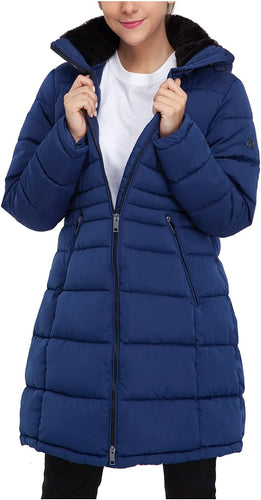 Winter Blue Faux Fur Lined Hood Long Puffer Jacket