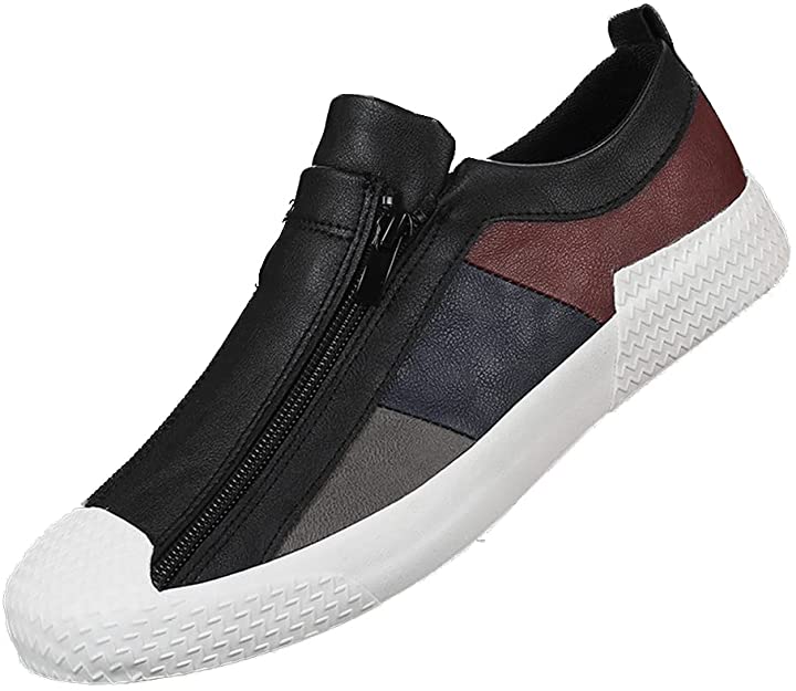 Men s Casual Black White Red Leather Flat Zipper Sneaker Shoes 9.5 Green Brown