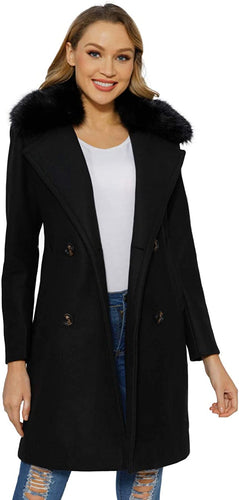 Faux Woolen Black Fleece Long Women's Trench Coat