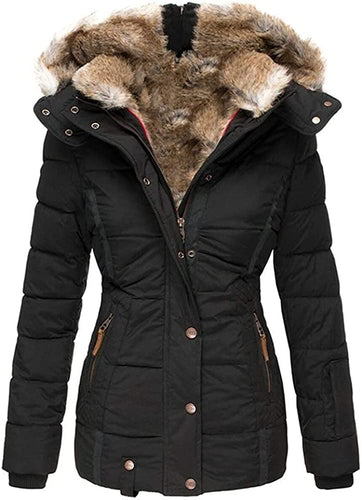 Women's Black Faux Fur Hooded Puffer Parka Overcoat