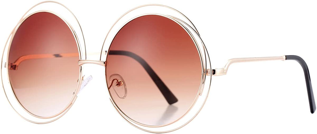 Bronze Rose Tinted Metal Wire Frame Oversized Round Sunglasses