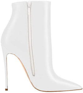White Leather Zipper Stiletto Heel Boots