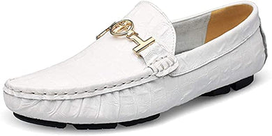 Men's White High Quality Leather Crocodile Style Moccasin Shoe
