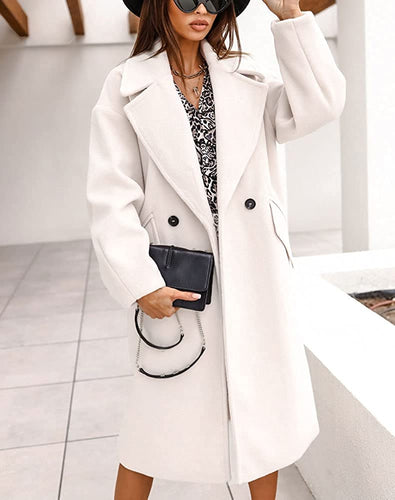 Winter Warm White Notch Lapel Double Breasted Long Pea Coat