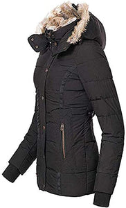 Women's Black Faux Fur Hooded Puffer Parka Overcoat