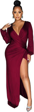 Load image into Gallery viewer, Classy Wine Red Ruched Deep V-Neck Long Sleeve Split Maxi Dress