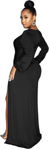 Classy Black Ruched Deep V-Neck Long Sleeve Split Maxi Dress