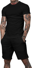 Load image into Gallery viewer, Men&#39;s Black Cotton Drawstring Casual Short Sleeve Shorts Set