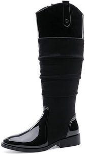 Slouchy Low Block Heel Black Patent Knee High Boots