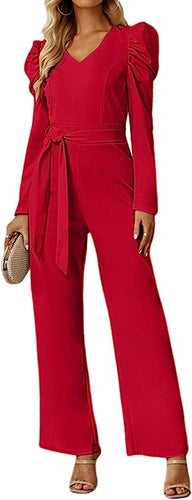 Chic Red Puff Sleeve Belted Jumpsuit