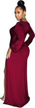 Load image into Gallery viewer, Classy Wine Red Ruched Deep V-Neck Long Sleeve Split Maxi Dress