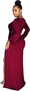 Classy Wine Red Ruched Deep V-Neck Long Sleeve Split Maxi Dress