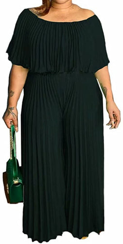 Plus Size Black Pleated Off Shoulder Jumpsuit