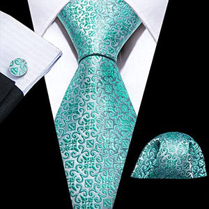 Men's Dark Green Floral Paisley Print Silk Tie Set w/Handkerchief & Cufflinks