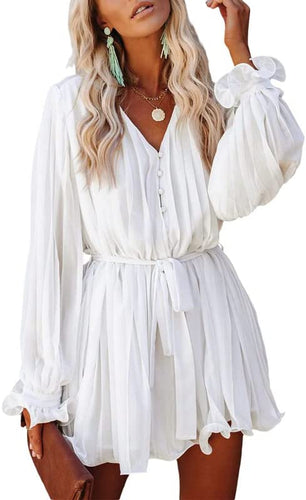 White Pleated Ruffled Long Sleeve Belted Shorts Romper