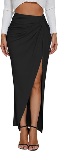 High Waist Black Ruched Maxi Skirt w/Slit