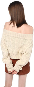 Chunky Cable Knit Beige Off Shoulder Pullover Sweater