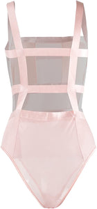 Elegant Pink Sheer Mesh Sleeveless Leotard Bodysuit