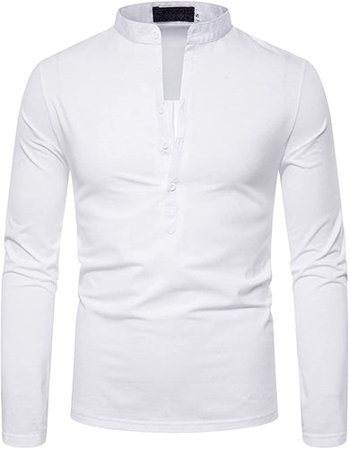 Men's White Casual Long Sleeve Henley Shirt