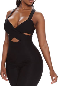 One Piece Bodycon Black Criss Cross Cut Out Jumpsuit