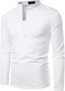 Men's White Casual Long Sleeve Henley Shirt