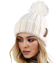 Load image into Gallery viewer, Winter Navy Blue Knit Pom Pom Faux Fur Beanie Hat