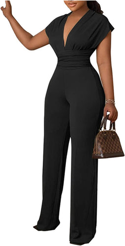 Elegant Black Deep V-Neck High Waist Peplum Tie Jumpsuit