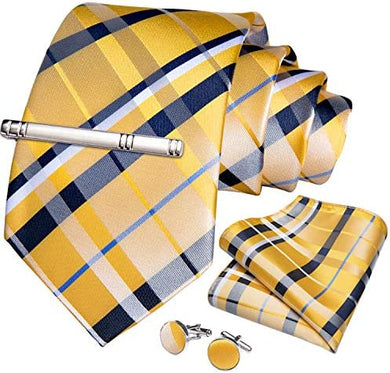 Men's High Quality Jacquard Silk Yellow Cufflink Tie Clip Set