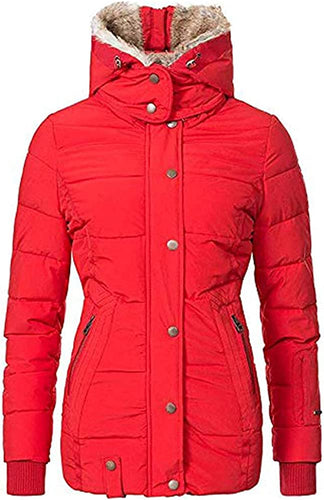 Women's Red Faux Fur Hooded Puffer Parka Overcoat