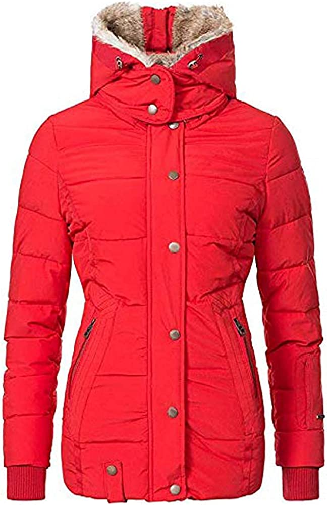 Women's Red Faux Fur Hooded Puffer Parka Overcoat