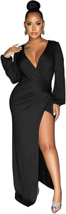 Classy Black Ruched Deep V-Neck Long Sleeve Split Maxi Dress