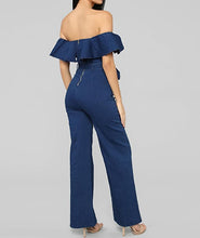 Load image into Gallery viewer, Ruffled Denim Off Shoulder Belted Sleeveless Jumpsuit