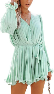 Emerald Pleated Ruffled Long Sleeve Belted Shorts Romper