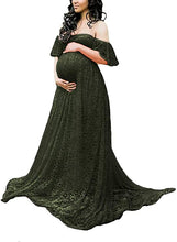 Load image into Gallery viewer, Sweetheart Green Lace Off Shoulder Maternity Maxi Dress