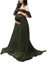 Load image into Gallery viewer, Sweetheart Wine Red Lace Off Shoulder Maternity Maxi Dress