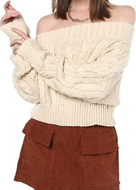 Chunky Cable Knit Beige Off Shoulder Pullover Sweater