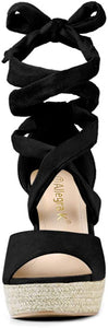 Women's Black Lace Up Espadrilles Wedge Sandals
