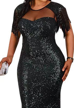 Load image into Gallery viewer, Plus Size Black Sequin Tassel Sleeve Bodycon Evening Dress
