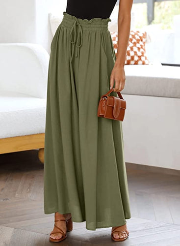 Luxe Green Chiffon Smocked Waist Wide Leg Pants