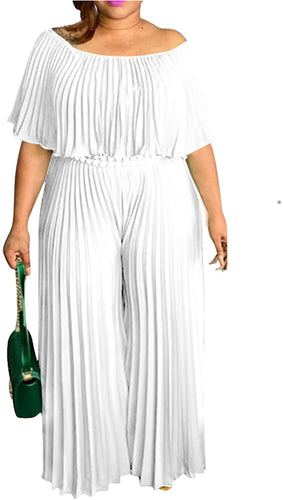 Plus Size White Pleated Off Shoulder Jumpsuit